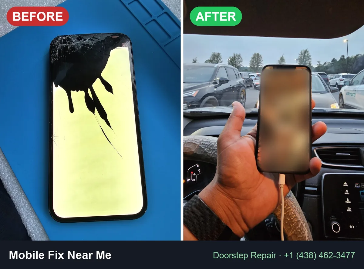 Before and after screen repair: cracked display on the left and repaired phone on the right, with personal screen content blurred